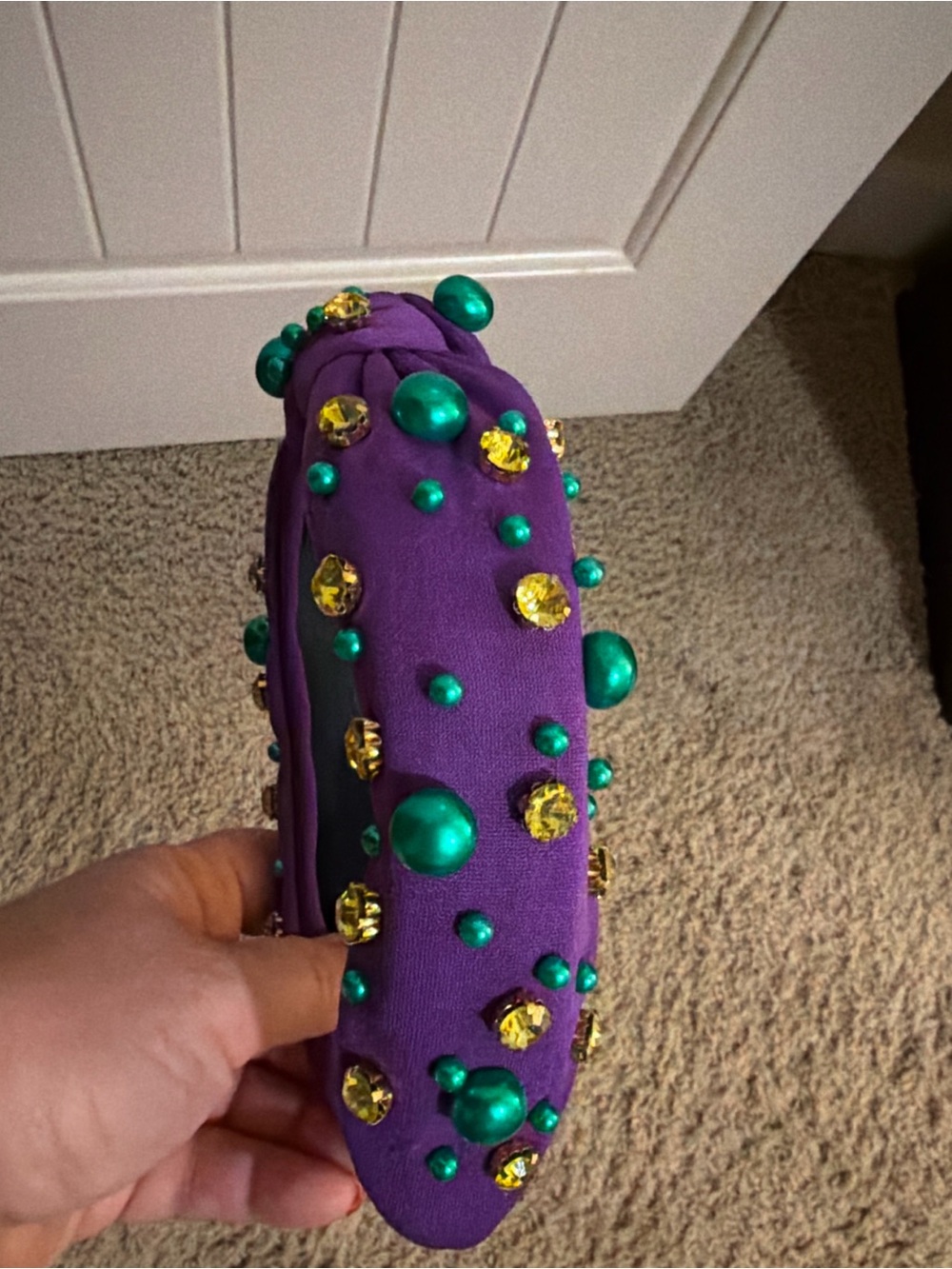 Amazon Purple Padded Headband with Green Pearls and Yellow Gems